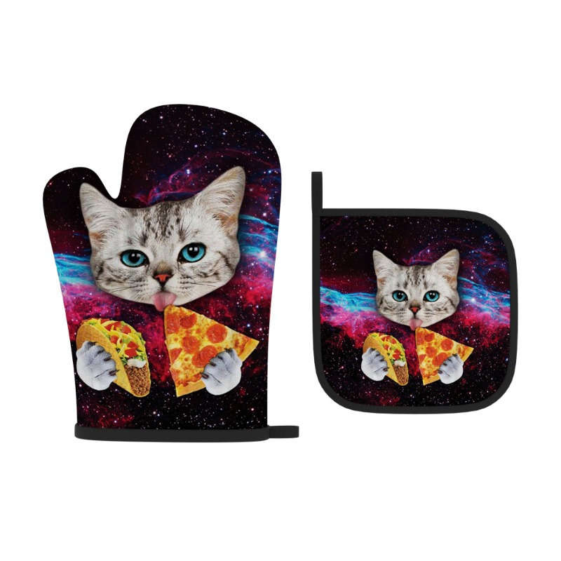 2pcs WhimsyCat Heat-Resistant Polyester Oven Mitts and Pot Holders Set 26.92x17.02 cm Cute Ki
