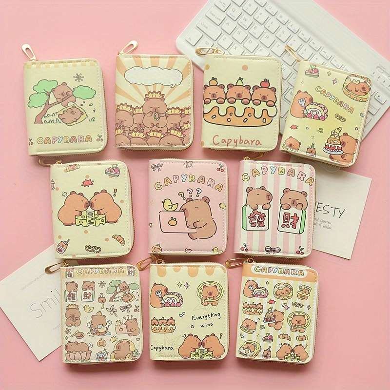 1pc Capybara Cartoon Compact Wallet for Women Cute Kawaii Design with ID Window Coin Pocket Hi