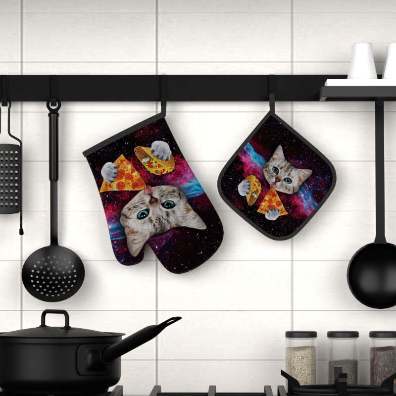 2pcs WhimsyCat Heat-Resistant Polyester Oven Mitts and Pot Holders Set 26.92x17.02 cm Cute Ki