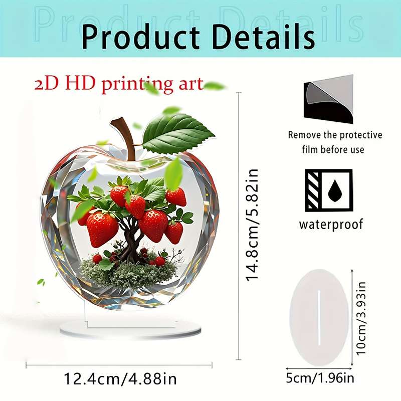 1pc 2D Flat   Elegant Strawberry  Acrylic Decorative Piece with Vibrant Green Leaves Red Ber