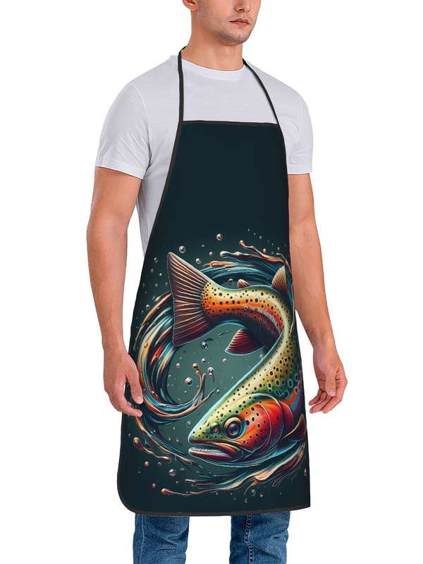 1pc BIIHUDU Vintage Bass Fish Print Apron Colorful Retro Design Durable Polyester Fabric Adjust