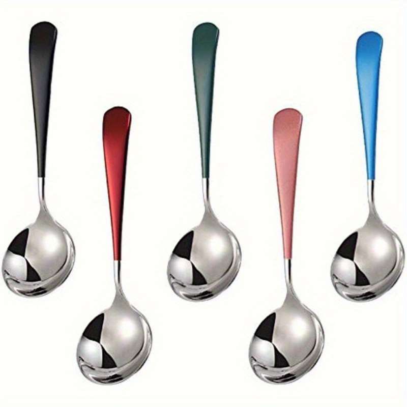 5pcs Elegant Stainless Steel Soup Spoon Set with Vibrant Handles Modern Thick Design Perfect