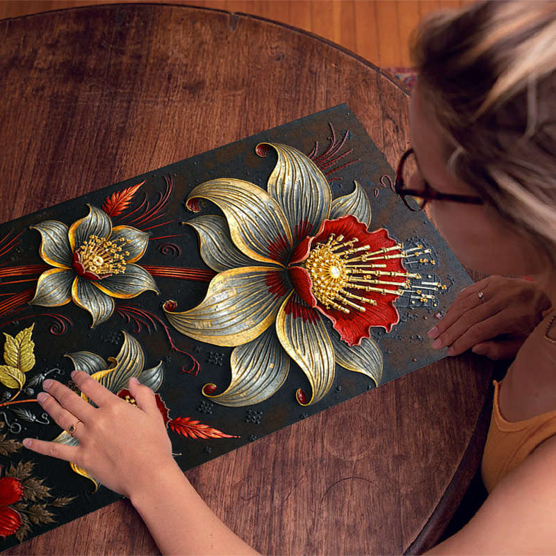 1000pcs Jigsaw Puzzle Elegant Golden Leaf Red Flower Design 80x40cm Waterproof