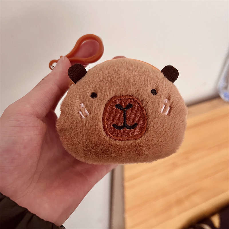1pc Cute Capybara Round Plush Coin Purse with Keychain Adorable Brown Faux Fur Keychain Wallet P