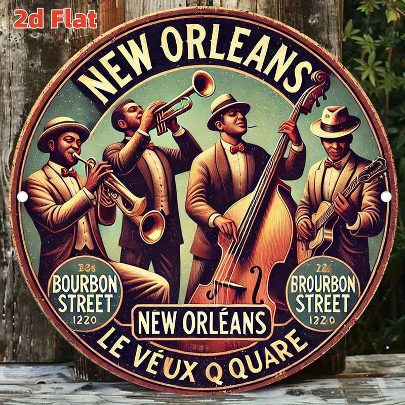 1pc 2D Flat Vintage New Orleans Jazz Band 2D Aluminum Wall Art Rustic Round Decorative Plaque w