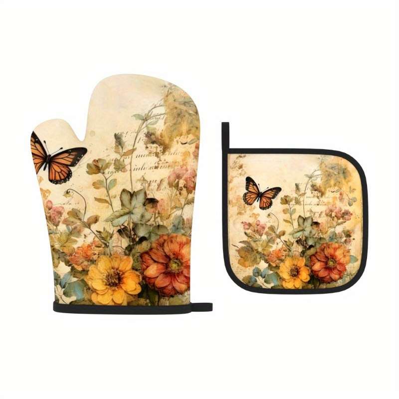 2pcs Vintage Floral Butterfly Heat-Resistant Oven Mitts 26.92x17.02 cm Polyester Kitchen Gl
