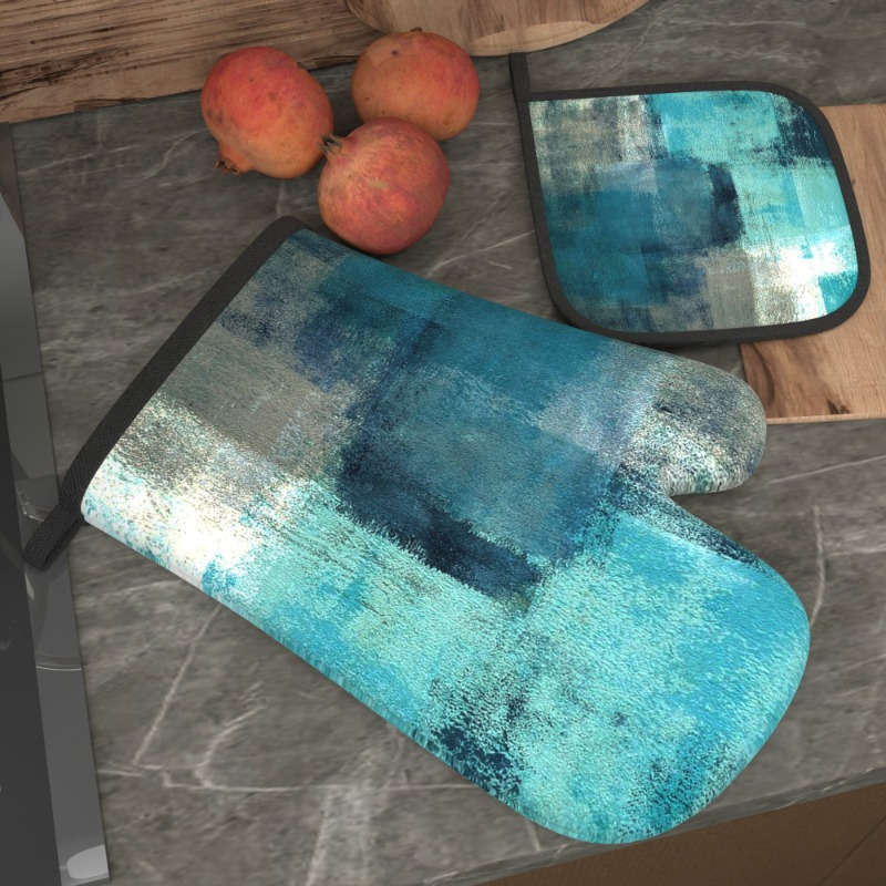 2pcs Heat-Resistant Oven Mitts Pot Holders 26.92x17.02 cm Blurred Blue White Pattern Dur