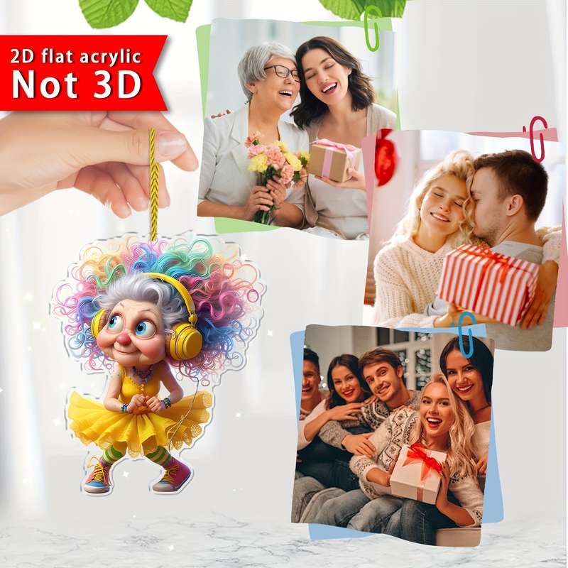 1pc 2D Flat    Acrylic Pendant Whimsical Bohemian Grandma Charm with Colorful Hair Headpho