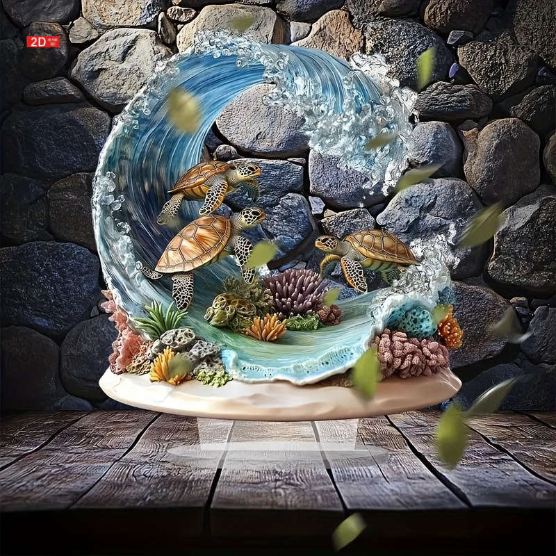 1pc 2D Flat  Bohemian Style Crystal Sea Turtle Wave Decor Plaque Vibrant Oceanic Scene with Color