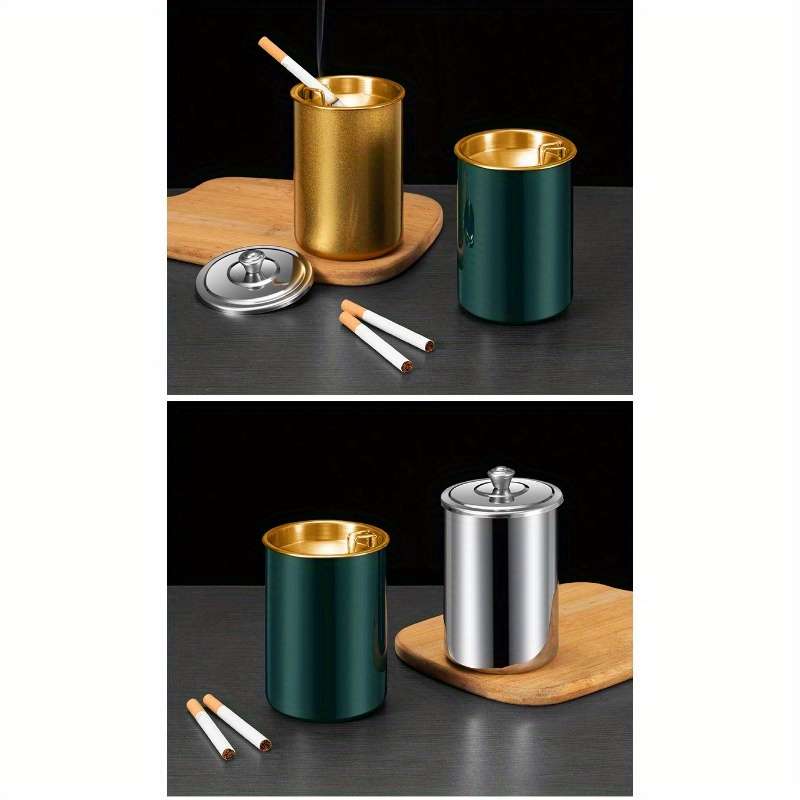 1pc Stainless Steel Home Living Room With Cover Ashtray Hotel Anti-fly Ash Drop-proof And Windproo