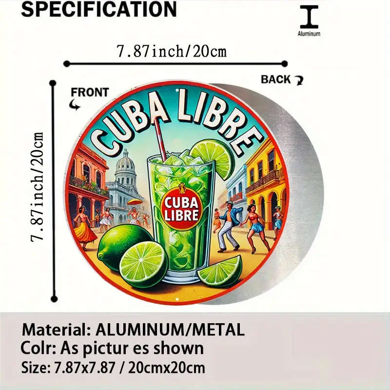 1pc Vintage Metal Sign Cuba Libre Cocktail Scene Aluminum Round Poster Vibrant Caribbean Design Retr