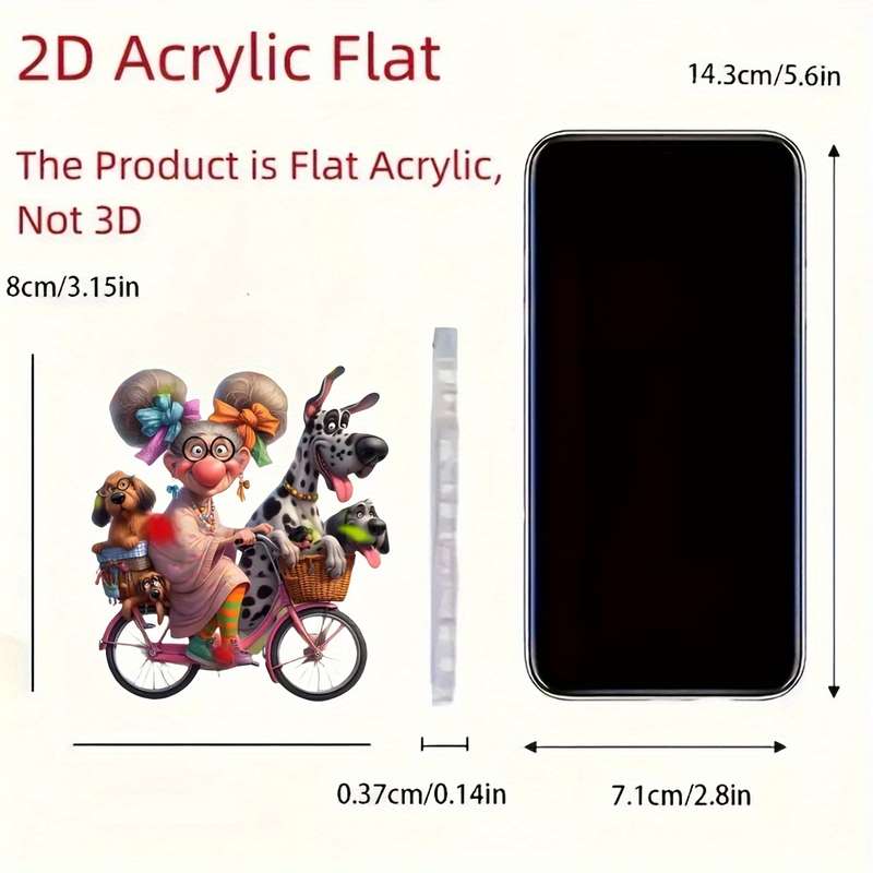 1pc 2D Flat    Acrylic Charming Grandma Riding Bicycle with Dogs Rearview Mirror Decoration P