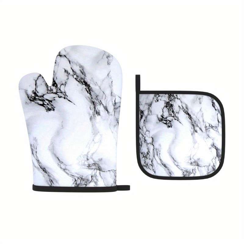 2pcs Marble Pattern Polyester Oven Mitts Heat Resistant Pot Holders Woven Machine Washable