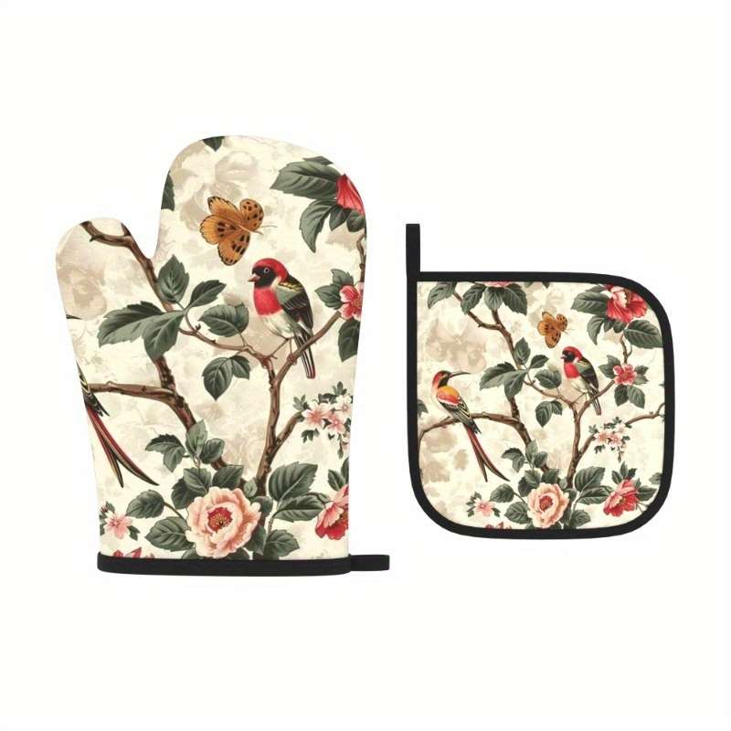 2pcs Floral Oven Mitts and Pot Holders Set Heat Resistant Machine Washable Polyester Ideal