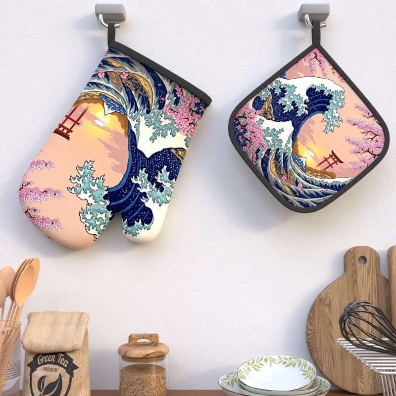 2pcs Set Cherry Blossom Oven Mitts Pot Holders 26.92x17.02cm Heat Resistant Non-Slip Kitch