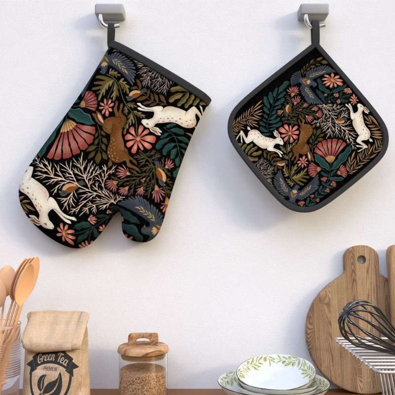 2pcs 26.92x17.02 cm Oven Mitts Pot Holders Rabbit twig flower Heat Resistant Oven Mitts And Pot