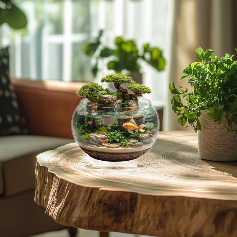 1pc 2D Flat  Acrylic Trim 8-Inch Glass Container with Golden Fish and Artificial Mountain Landscape