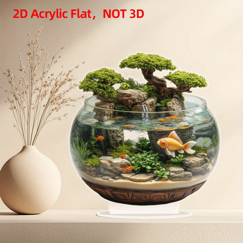1pc 2D Flat  Acrylic Trim 8-Inch Glass Container with Golden Fish and Artificial Mountain Landscape