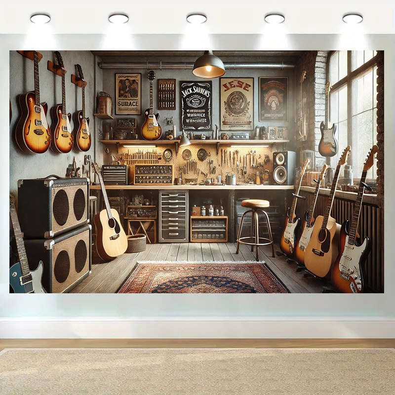 1pc  Cozy Vintage Music Garage Workspace Polyester Banner 243.84x182.88cm Ideal for Studio H