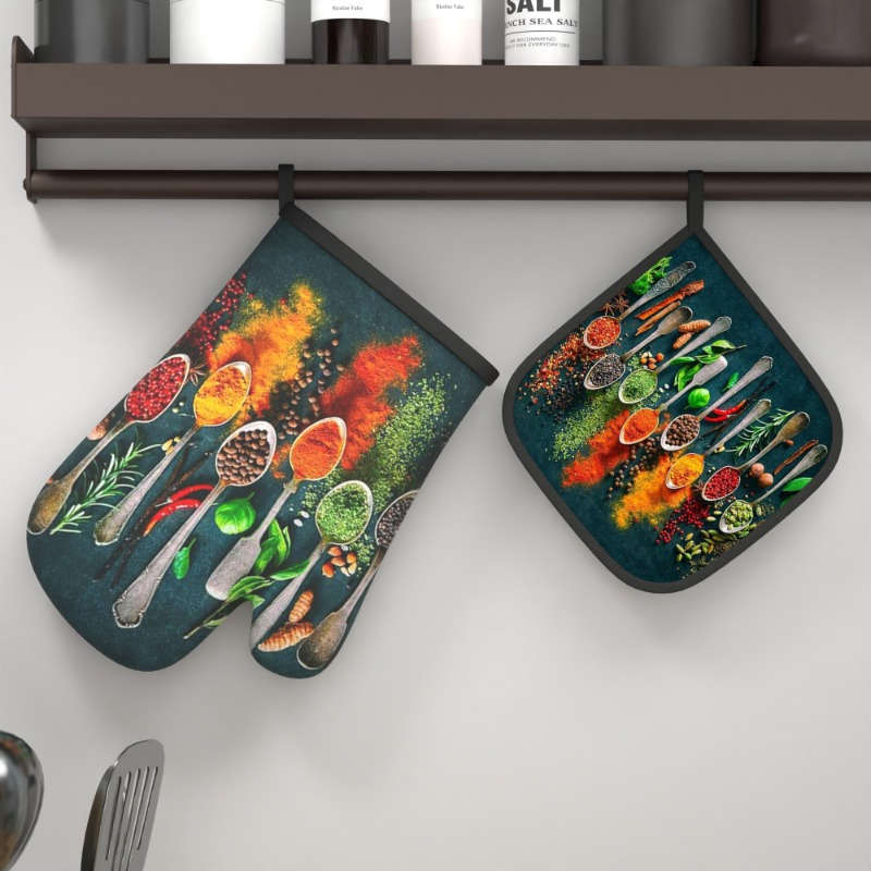 2pcs HeatGuard Kitchen Oven Mitts and Potholders Set Colorful Spices and Herbs Design 100% Po