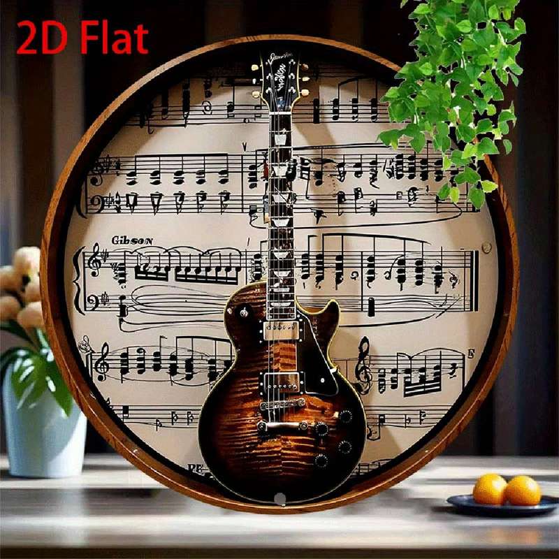1pc  2D Flat Metal Round Aluminum Tin Sign Gibson Guitar Wall Art Retro Music Decor for Hom