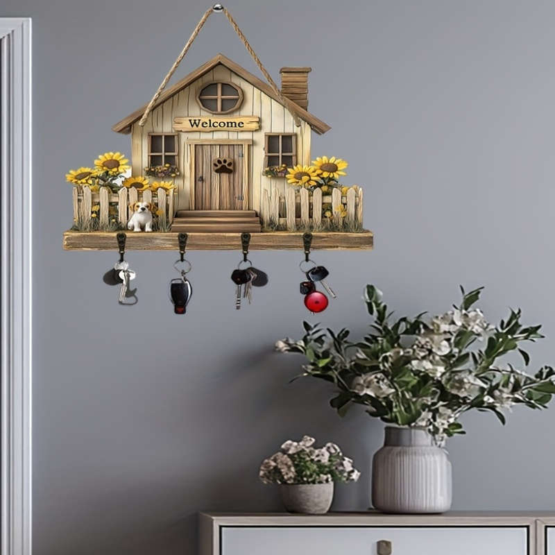 1pc Rustic Cottage  Dog Wooden Wall Art Key Holder with 4 Metal Hooks30.0cm x 24.99cm Farmhouse
