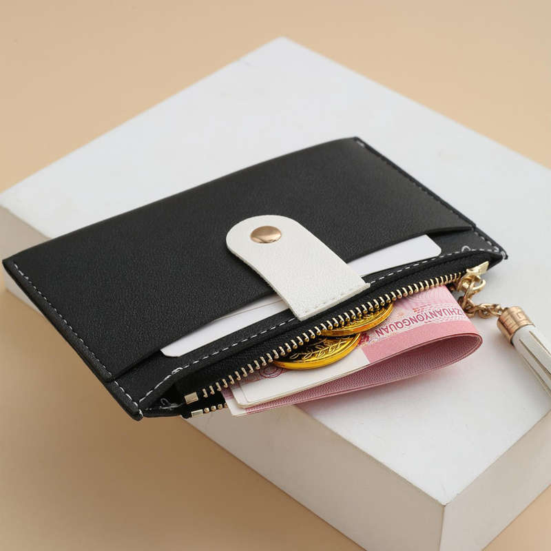 1pc Sleek Black Zipper Card Holder with Multiple Slots Tassel Charm Golden-Tone Accents C Li