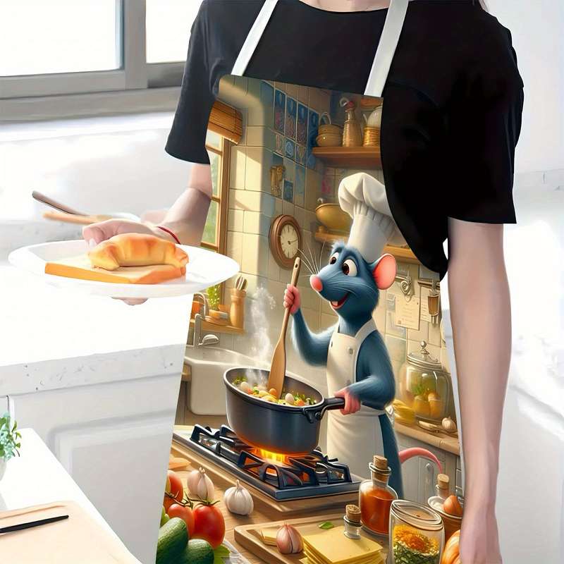 1pc Disney Ratatouille Cute Cartoon Apron Linen Print Vibrant Kitchen Scene Design Perfect
