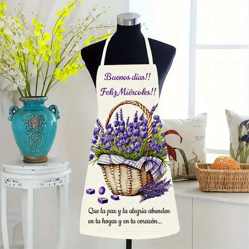 1pc Large Linen Lavender Basket "Feliz Mircados" Apron Durable Sleeveless Kitchen Wear wit