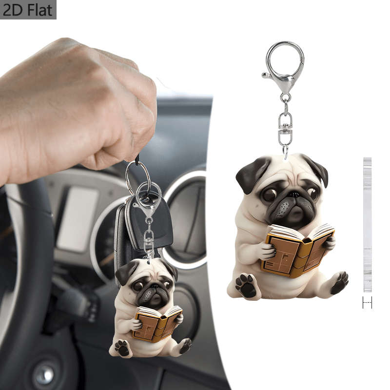 1pc 2D Flat  Acrylic Valentines Pug Dog Keychain Charm Keychain for Handbags Tote Bag Purse Charms C