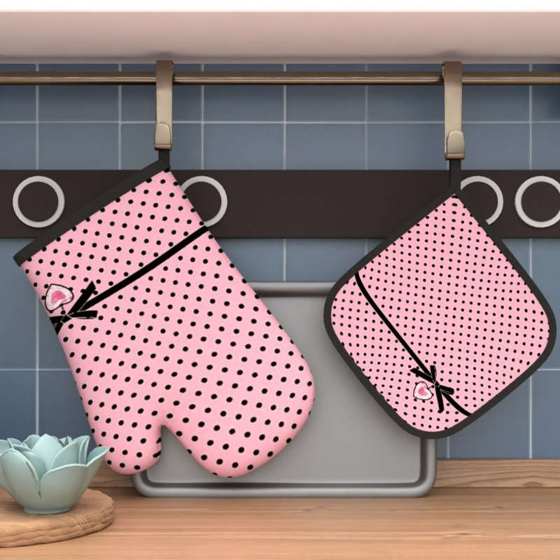 2pcs Chic Pink Polka Dot Oven Mitts Pot Holders with Heart Bow Detail Heat Resistant Machi