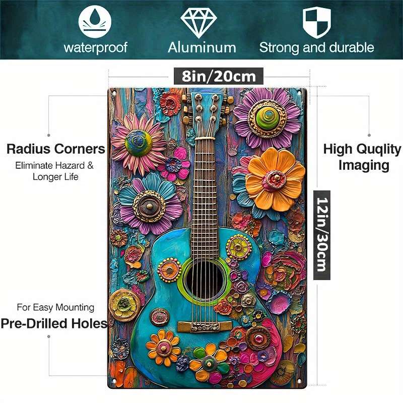 1pc 8x12 Inch 20x30cm Vintage Hippie Guitar Aluminum Tin Sign Wall-Mountable No Electricity Re
