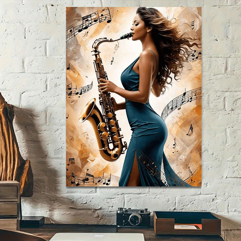 1pc  Stylish Saxophone Player Canvas Art Graceful Female Musician in Teal Dress with Flowing Hai