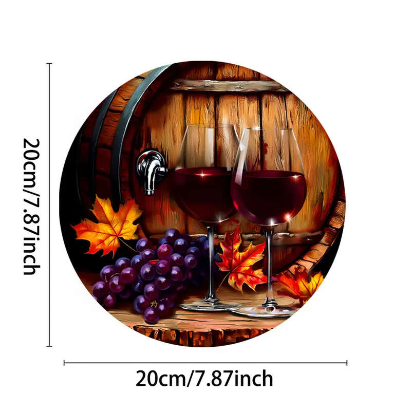 1pc Grapes and Red Wine Theme Decorative Painting Theme Round Aluminum Sign Wall Art Diameter 18.46c