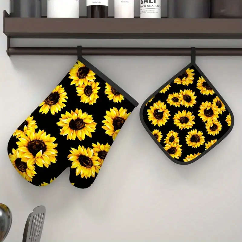2pcs Sunflower Oven Mitt Set Heat Resistant Polyester Kitchen Gloves and Potholders Woven Machine Wa