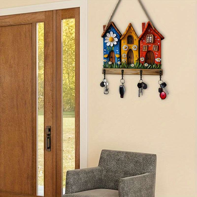2D Flat 1pc Colorful Cottage Simple Wooden Home Key Holder with Four Metal Hooks 30.0cm x 24.99cm