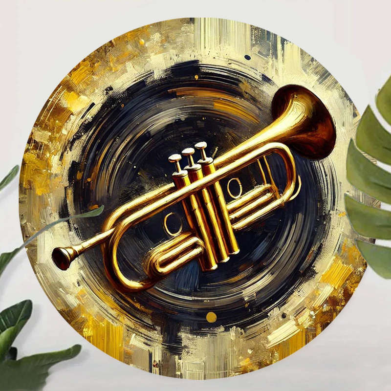 1pc  Jazz Trumpet Foil Art Round Sign 19.81cm Aluminum Wall Decor Aesthetic Music Themed Poste