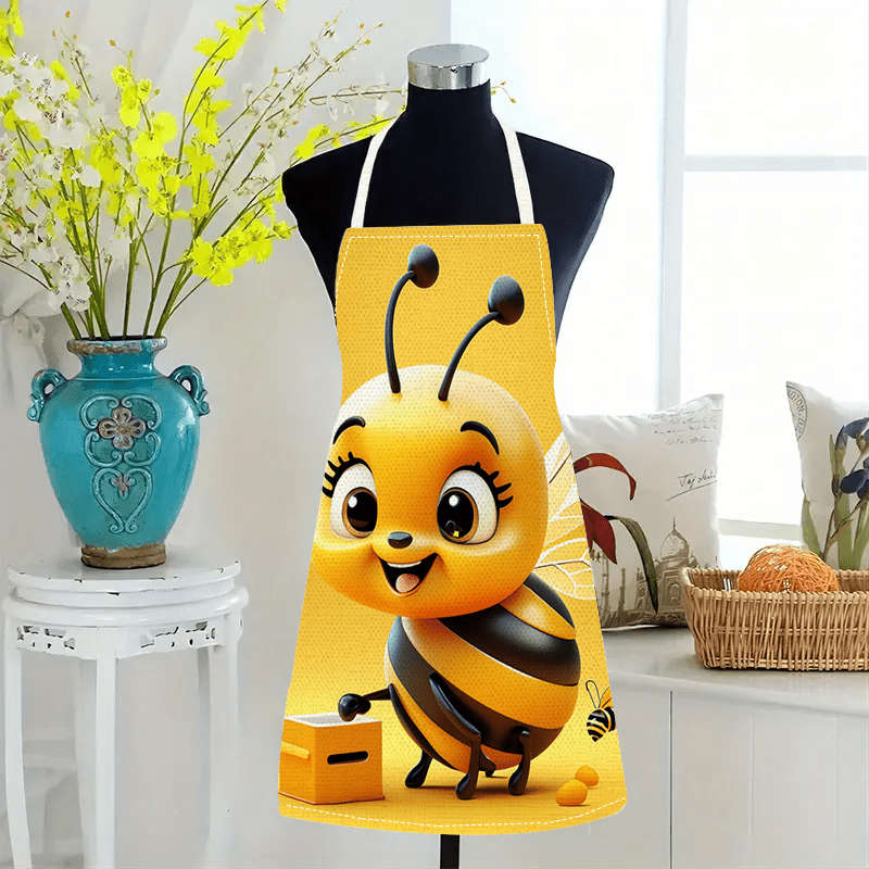 1pc Cartoon Bee Linen Apron 100% Linen Woven Fabric 192 Gsm Sleeveless Durable Kitchen Coo