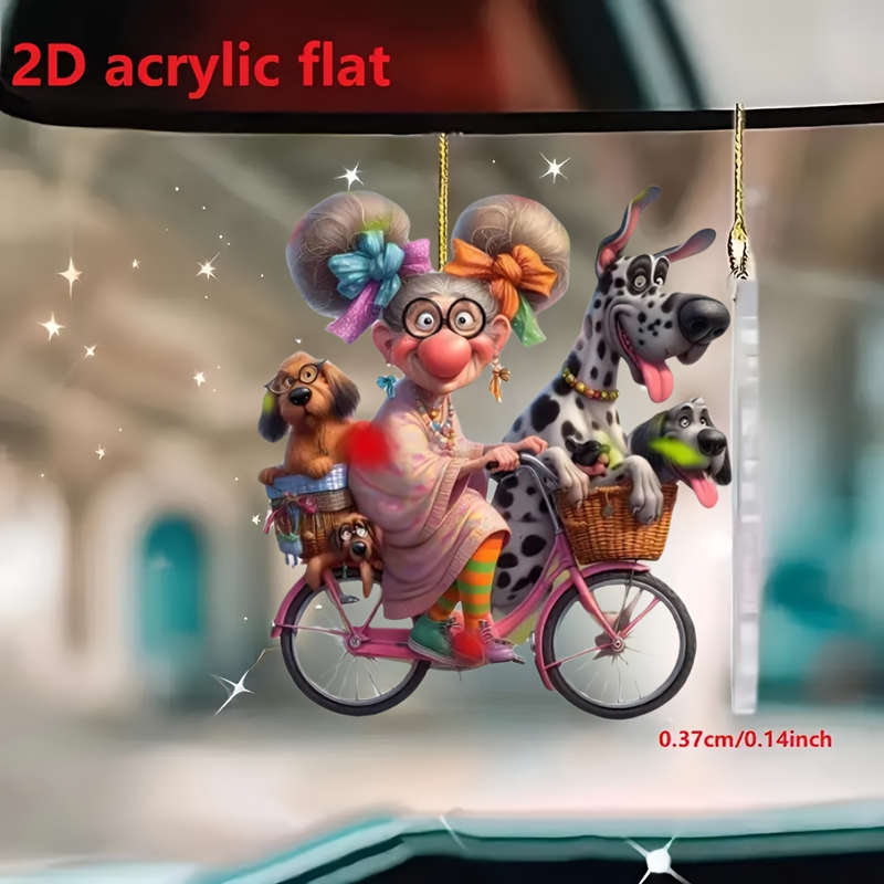 1pc 2D Flat    Acrylic Charming Grandma Riding Bicycle with Dogs Rearview Mirror Decoration P