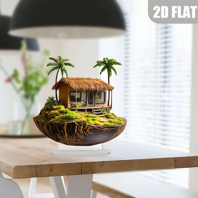 1pc 2D Flat  Bohemian Tropical Island Acrylic Decor Statue  Palm Tree Thatched Roof Design S