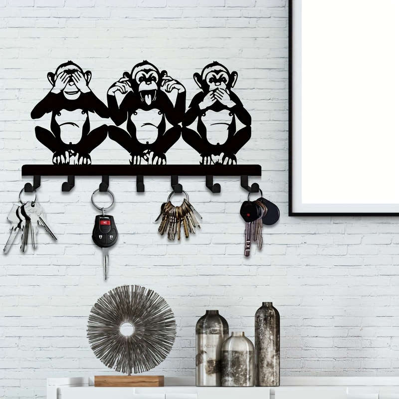Charming Three Monkeys Metal Wall Art with Key HookEasy to Install Suitable for Jacket