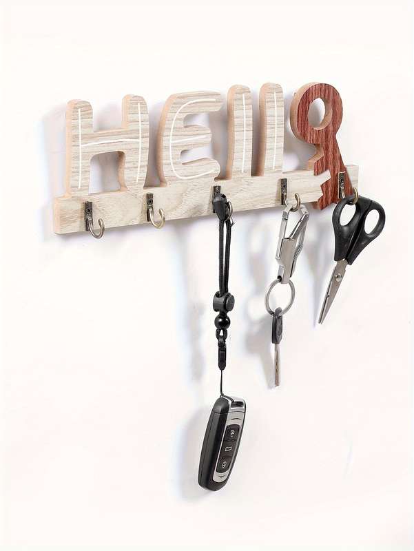 Handcrafted Rustic Wooden Key Holder with "Hello"  "Welcome" DesignWall-Mounted Natural Wood Fi