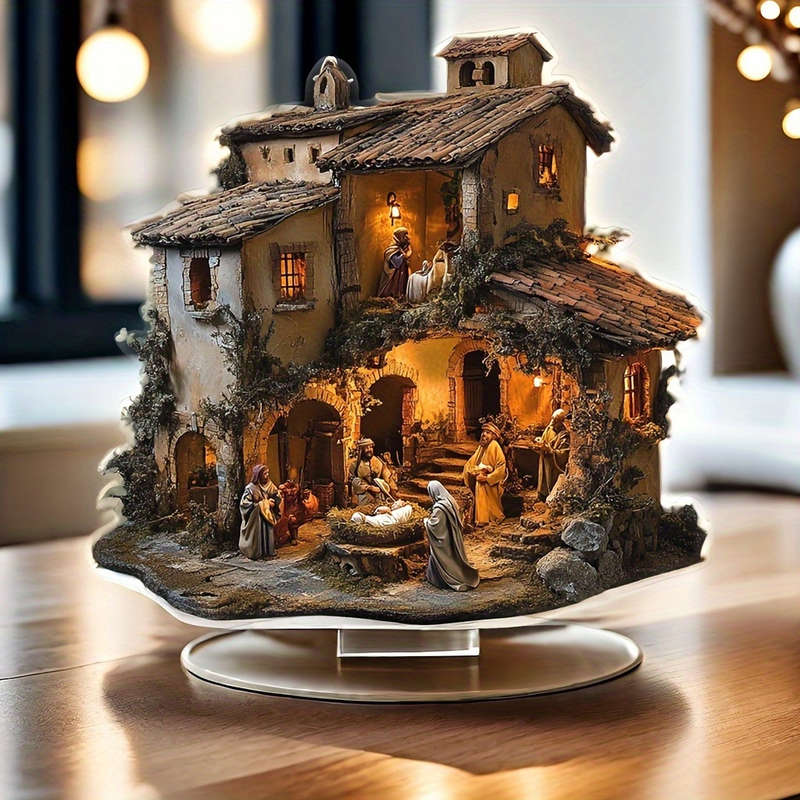 1pc 2D Flat   Bohemian Style Christmas Nativity Scene Acrylic Tag Intricate Village Design