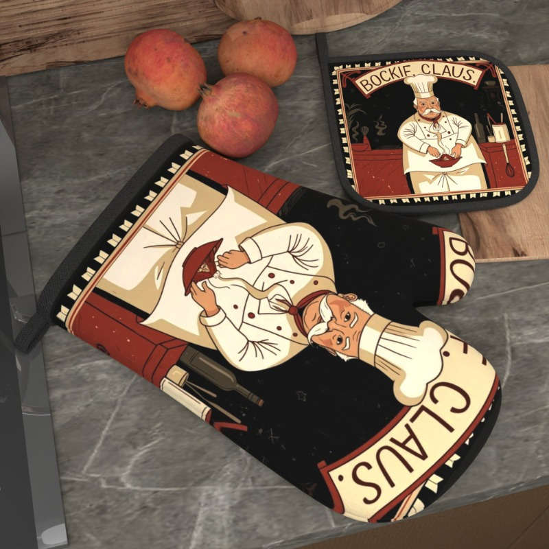 2pcs Retro Chef Oven Gloves and Pot Mats Heat Resistant Vintage Kitchen Decor Suitable for