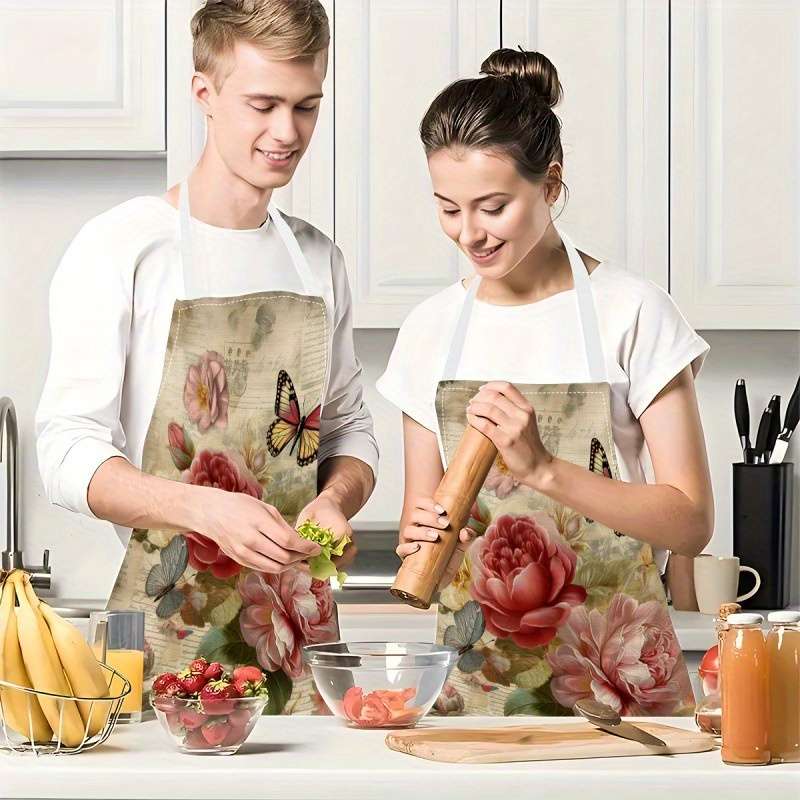 1pc Floral Print Linen Apron Stylish Vintage Rose Design Lightweight Breathable for Cookin