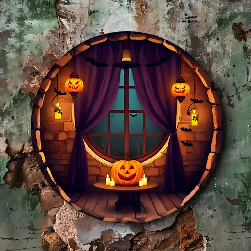 1pc Room Decor Rustic Round Aluminum Sign 19.6 cm Halloween Pumpkin Theme Wall Art Vintage Style Dec