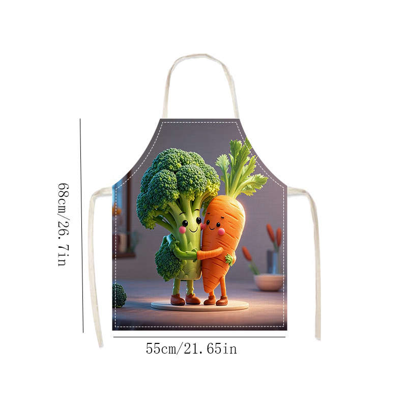 1pc Cute Carrot Broccoli Print Linen Apron Soft Easy-Care Fabric for Cooking Baking Kitchen