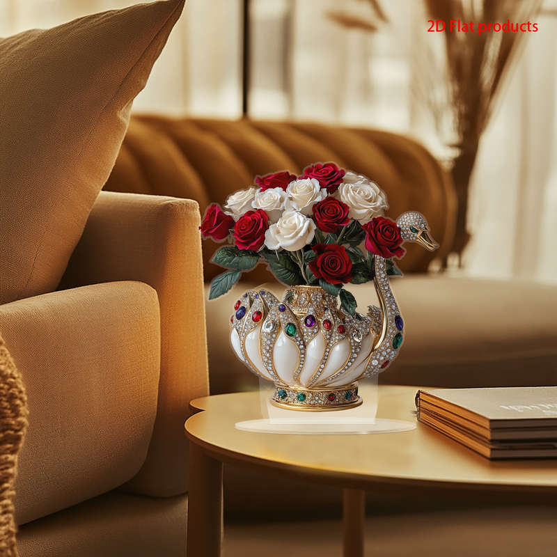 1pc 2D Flat  Elegance Swan Vase with Gemstone Embellishments White and Gold Acrylic Tabletop Deco