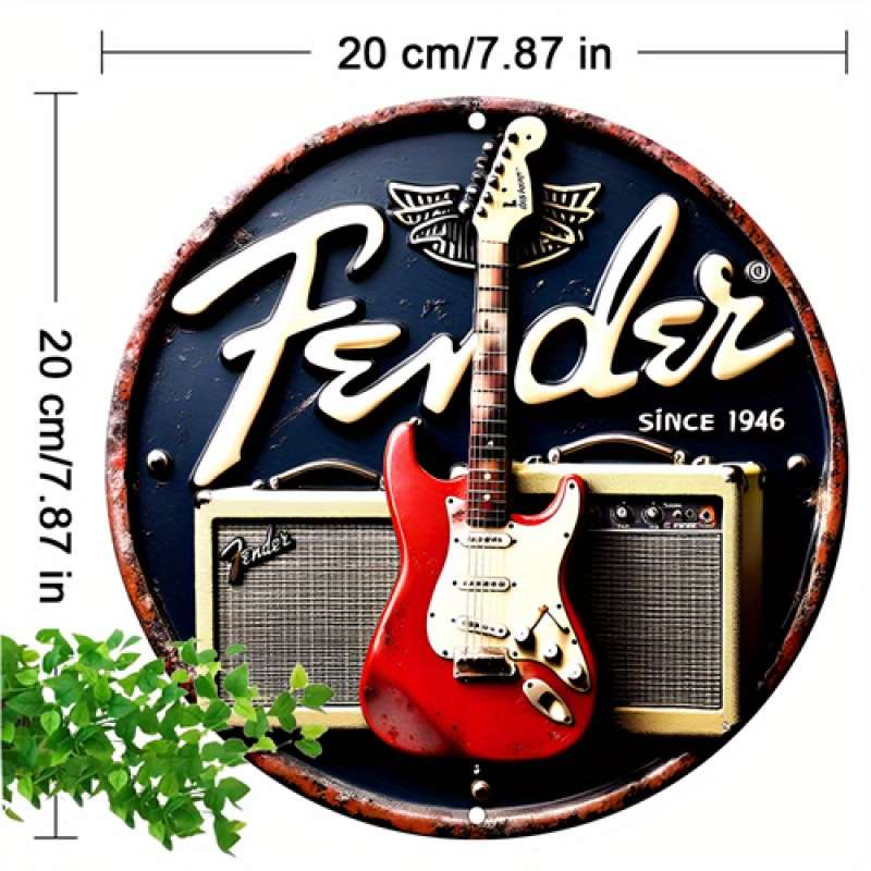 1pc  Vintage Fender Guitar Metal Tin Sign 20.32x20.32 cm Round Aluminum Wall Art Retro Music T