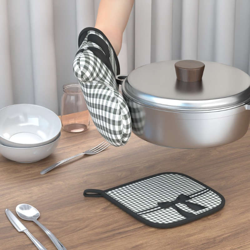 2pcs Heat Resistant Oven Mitts Woven Polyester Potholders with Black and White Checked Bow Des